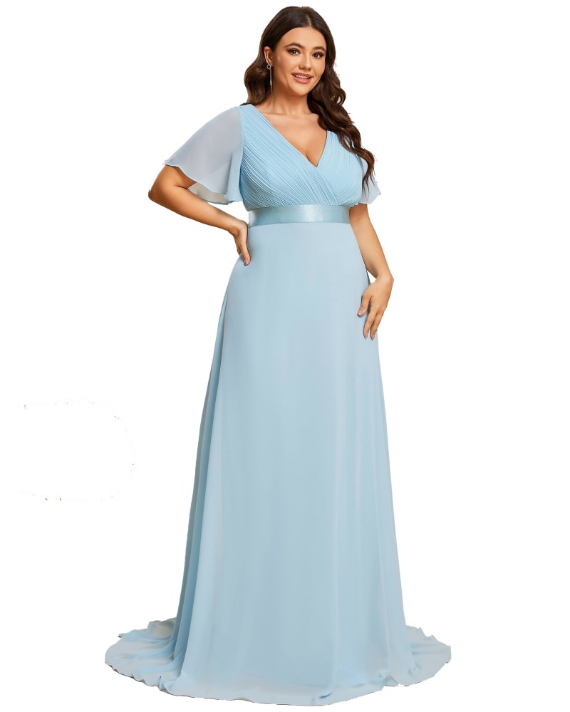 Front of a model wearing a size 14 Long Chiffon Empire Waist Bridesmaid Dress with Short Flutter Sleeves in Sky Blue by Ever-Pretty. | dia_product_style_image_id:329541